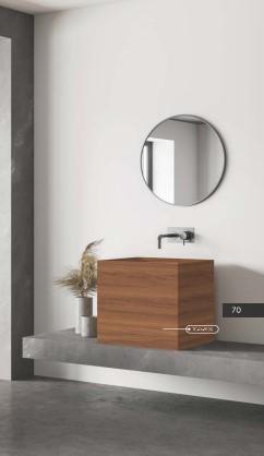 Brown wood grain laminate with textured finish, visible in a modern bathroom setting with wooden vanity and round mirror