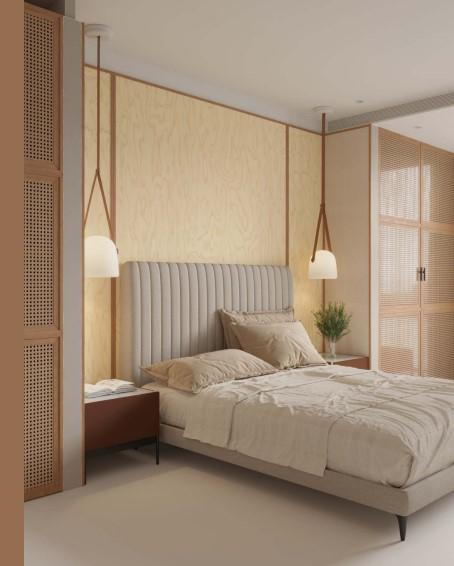 Wood grain laminate wall with textured finish in bedroom setting, featuring light-colored wood tone and vertical grain