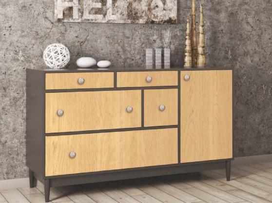 Brown wood grain laminate texture on dresser drawers and cabinet door, showcasing textured finish and wood pattern details.