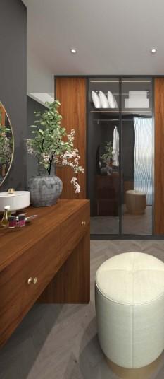 Brown wood grain laminate with textured finish, visible in a modern room setting with wooden furniture and decor.