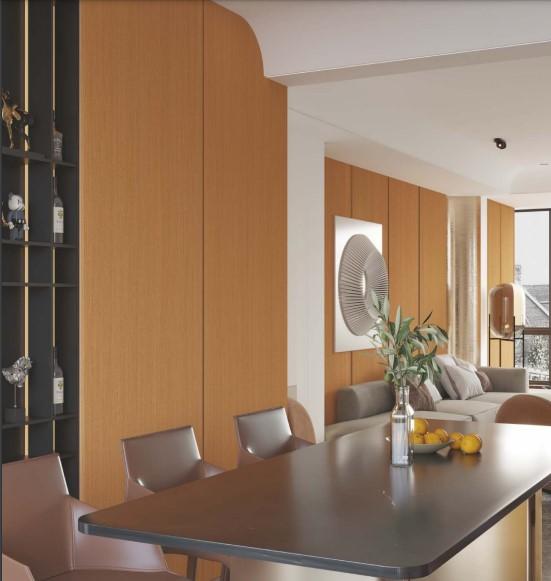 Brown wood grain laminate wall paneling with texture finish in modern dining room interior design setting