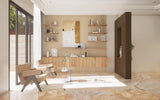 Brown wood laminate with matte finish and wood grain texture used in modern room decor with furniture and shelves