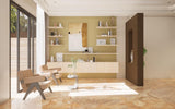 Beige wood grain laminate with matte finish and wood texture used in modern interior design with furniture and decor