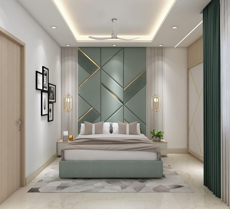 Geometric wall panel and fluted louver bedroom