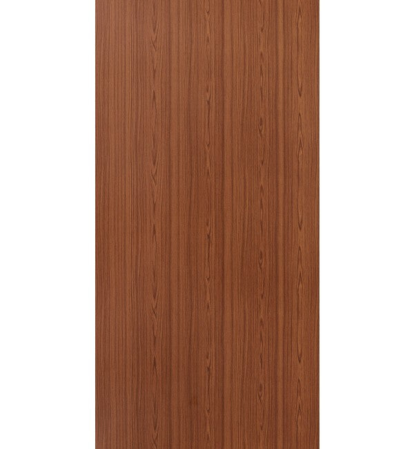 Brown wood grain decorative laminate with suede finish and vertical wood pattern texture