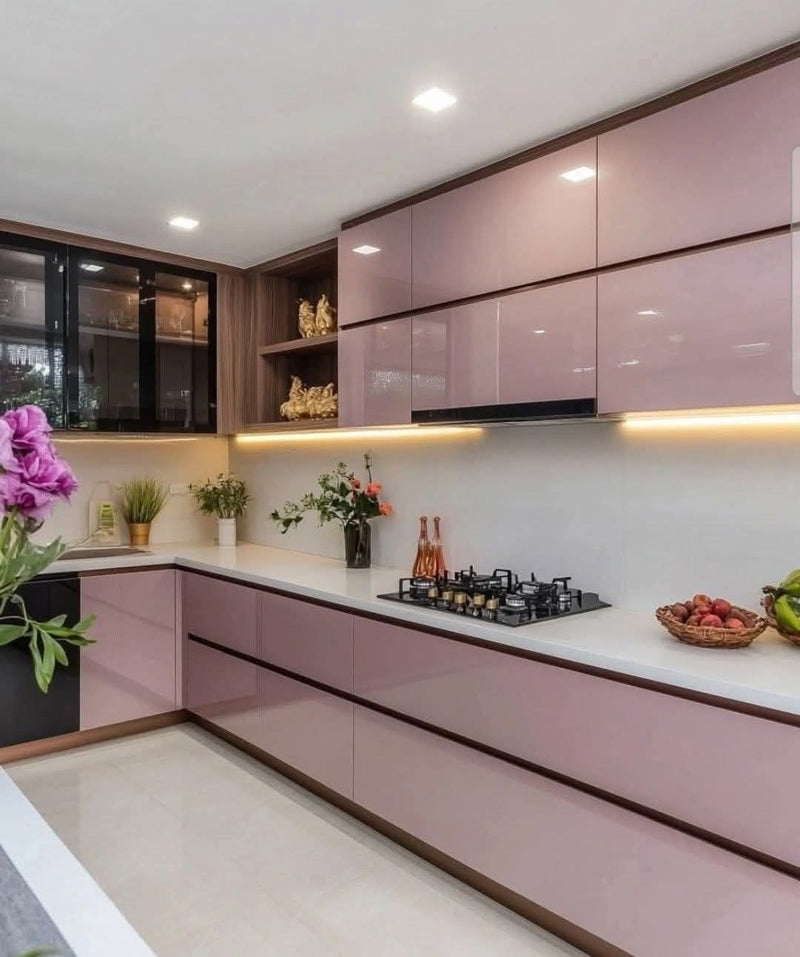 High Gloss Solid Colour laminate on the kitchen fronts in a kitchen