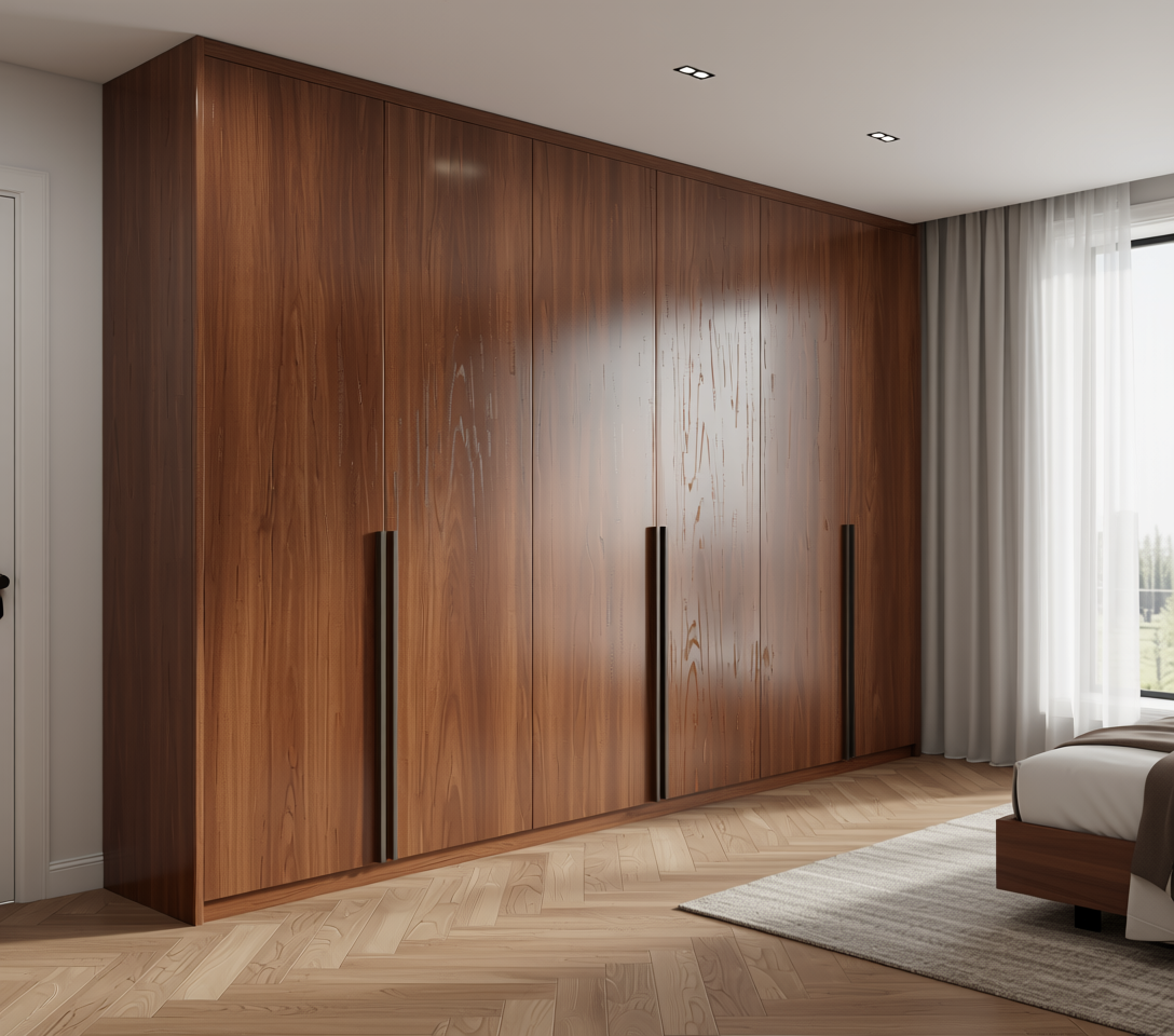 Brown wood laminate with vertical grain and textured finish.