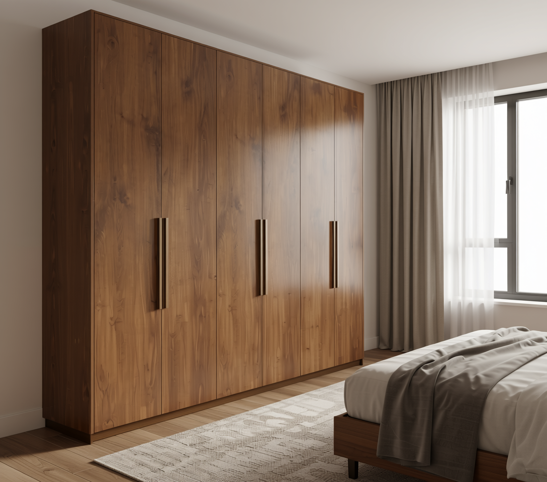 Brown laminate with wood grain texture and vertical grain direction.