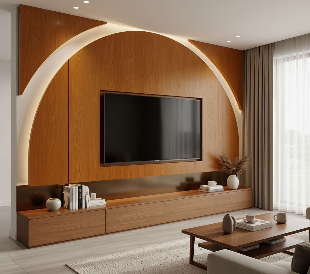 Brown laminate with wood grain texture and arched design on white background.