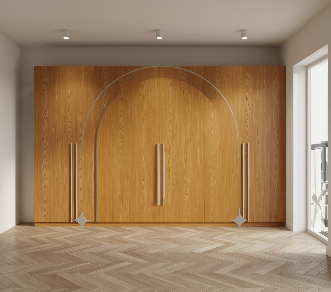 Brown laminate sheet with wood grain texture and arched edge design.