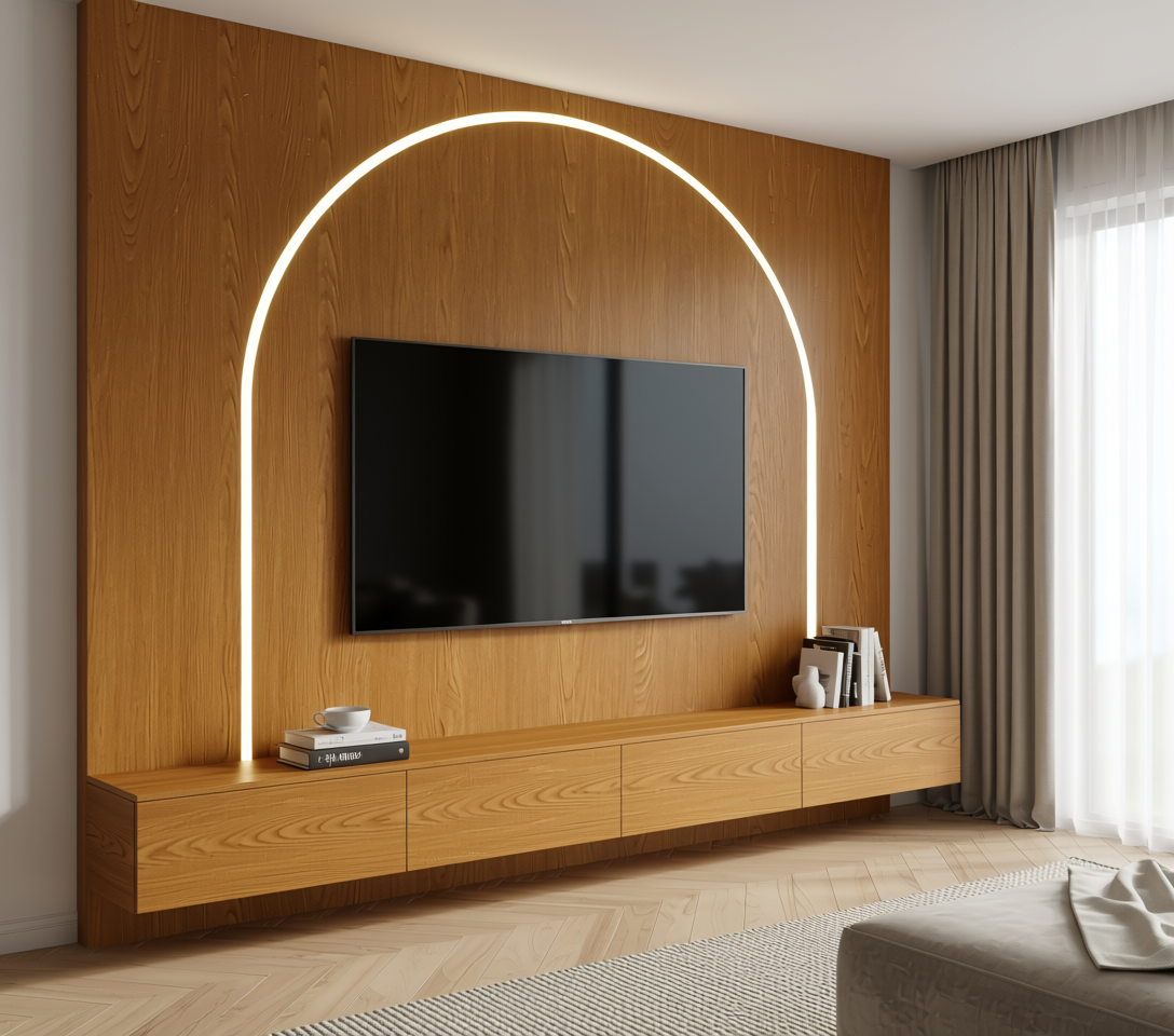 Brown laminate sheet with wood grain texture and arched edge design.