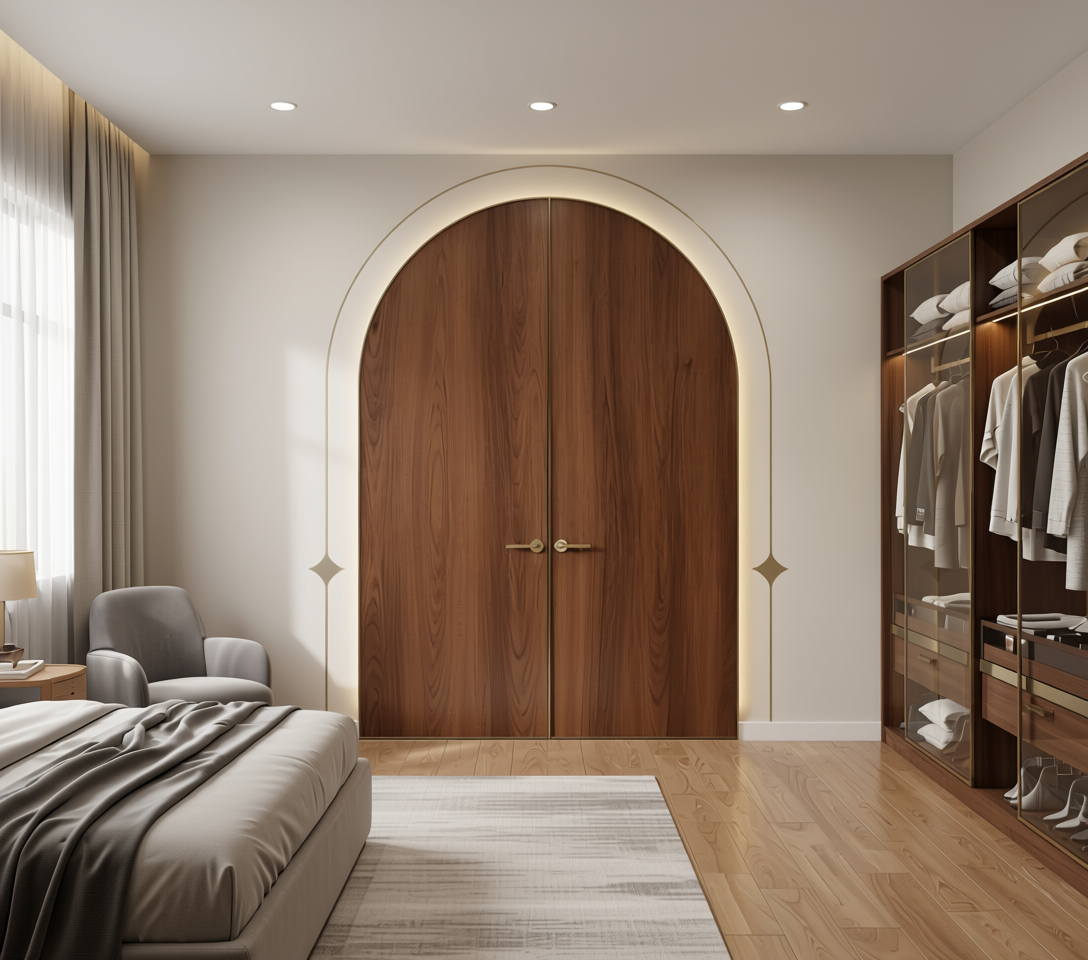 Brown laminate with wood grain texture and vertical grain direction.