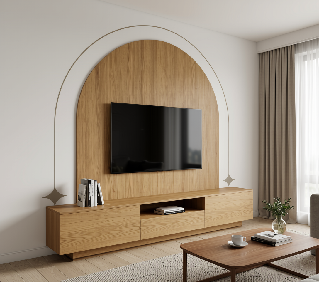 Brown laminate with wood grain texture and vertical pattern, featuring an arched design.
