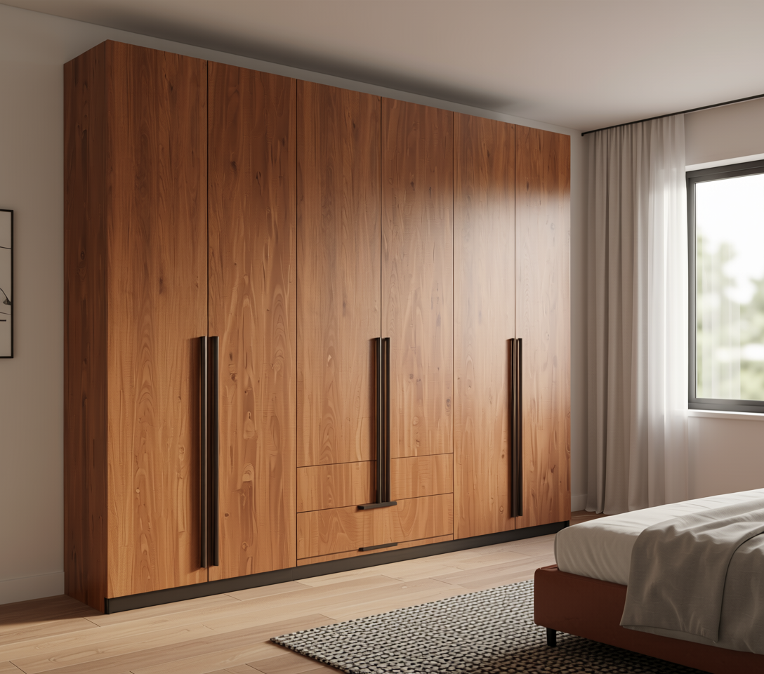 Brown wood laminate with textured finish and vertical grain direction.