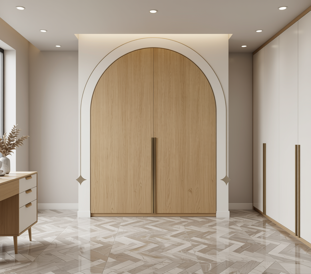 Beige wood grain laminate with textured finish and vertical grain direction.