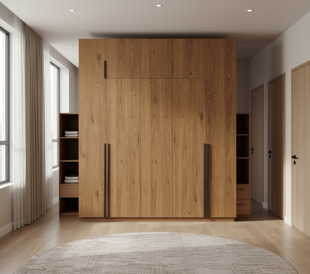 Brown laminate with wood grain texture and vertical grain direction.