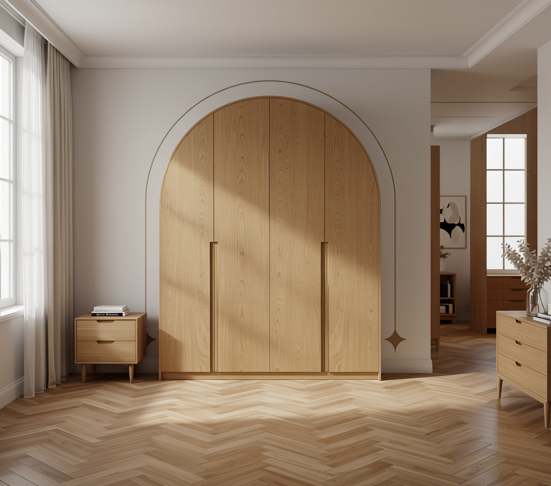 Brown wood laminate with vertical grain texture and arched white border.