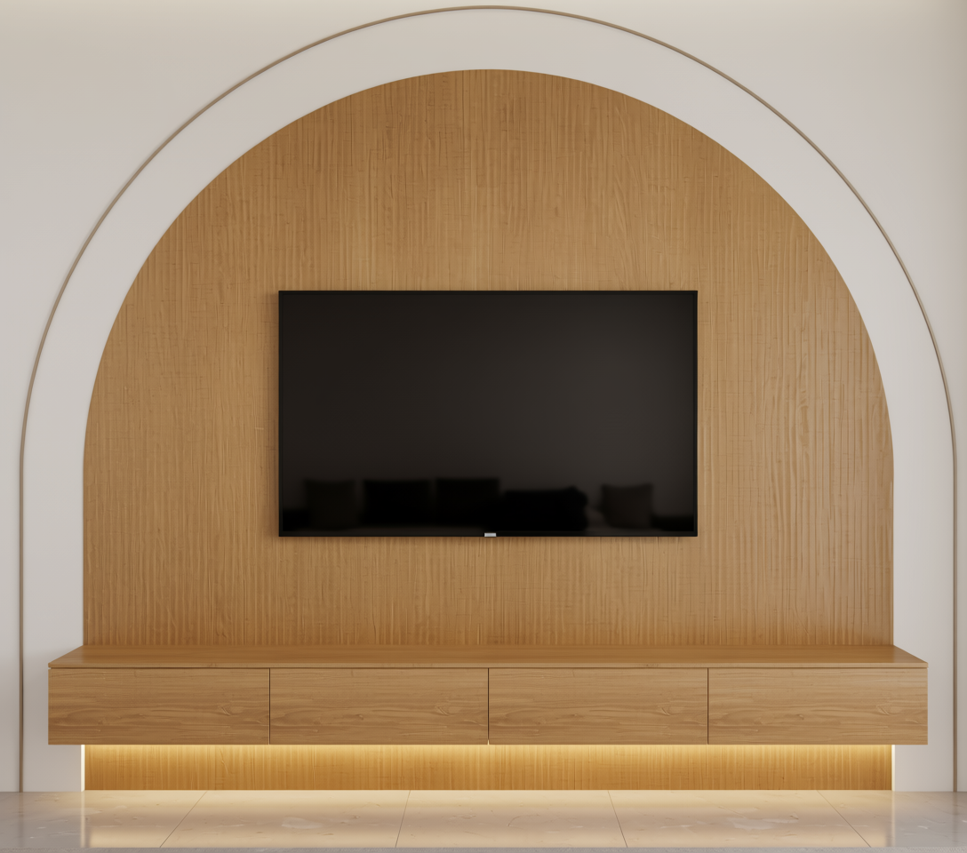 Brown wood laminate with vertical grain texture and arched white border.