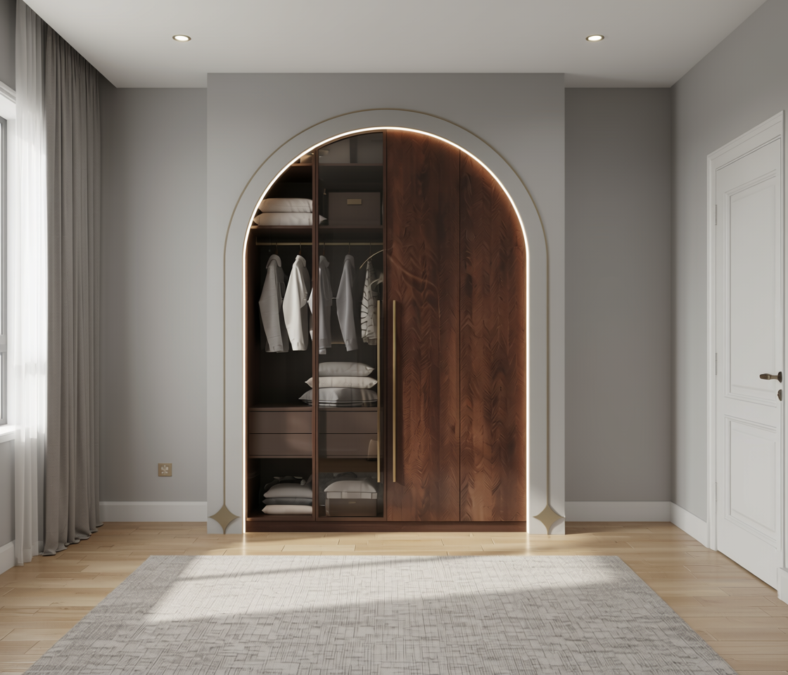 Brown laminate with textured wood grain pattern and arched design.