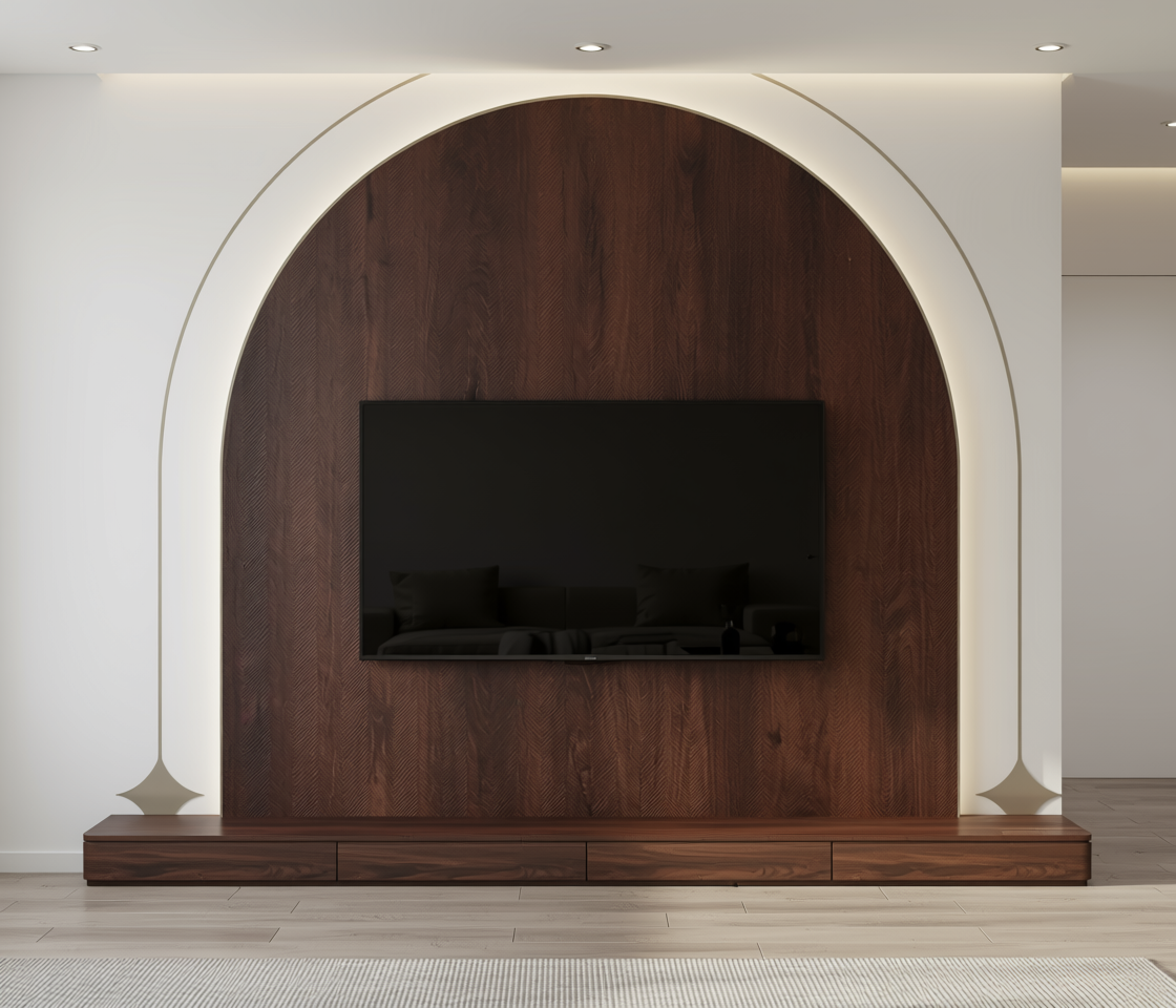 Brown laminate with textured wood grain pattern and arched design.