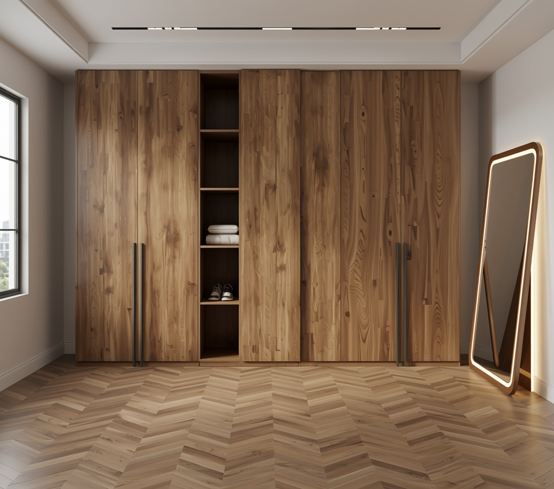 Brown laminate with textured wood grain pattern and vertical grain direction.