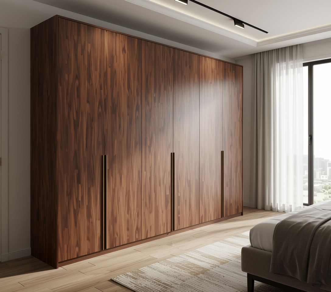 Brown wood laminate with textured herringbone pattern and dark grain accents.