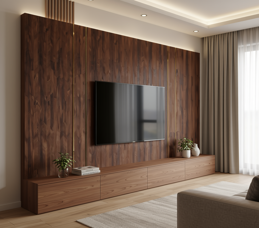 Brown wood laminate with textured herringbone pattern and dark grain accents.