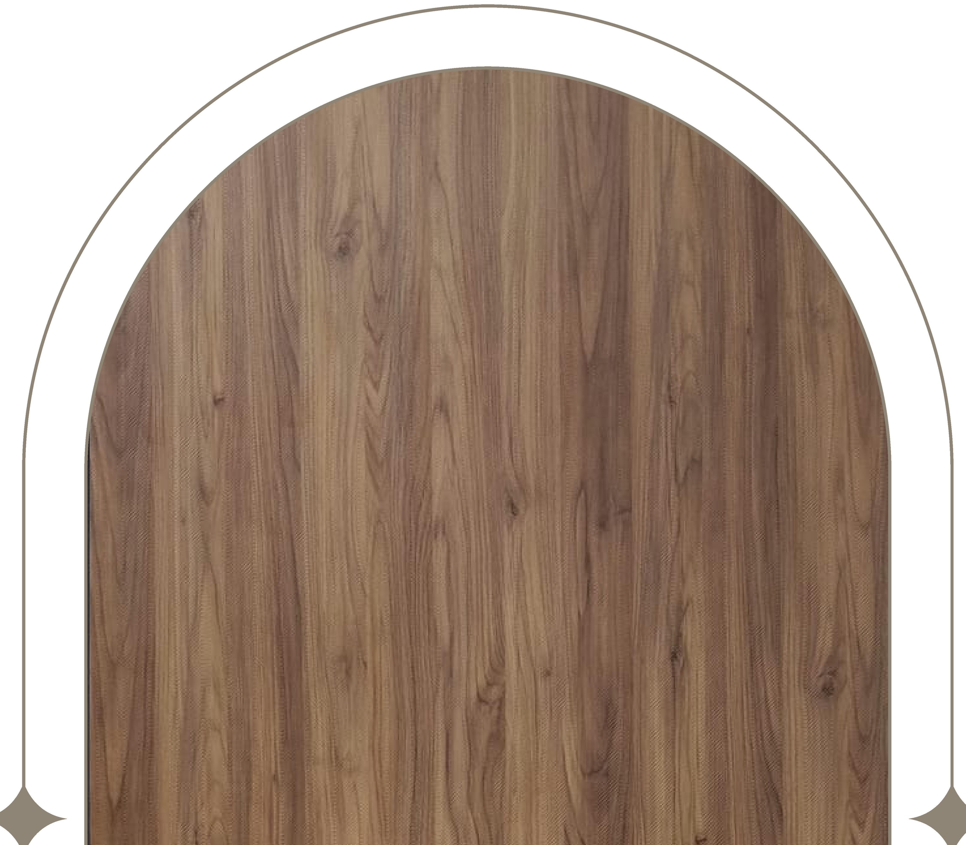 Brown wood laminate with textured finish and vertical grain pattern, arched design element.