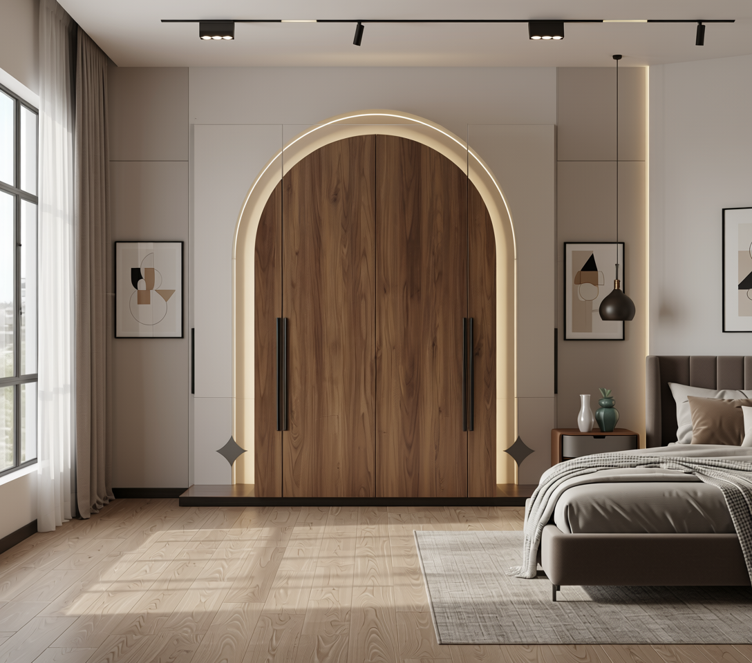 Brown wood laminate with textured finish and vertical grain pattern, arched design element.