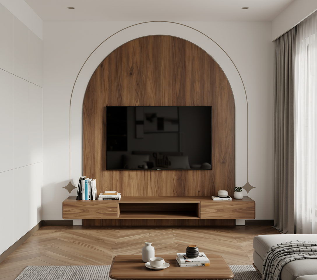 Brown wood laminate with textured finish and vertical grain pattern, arched design element.