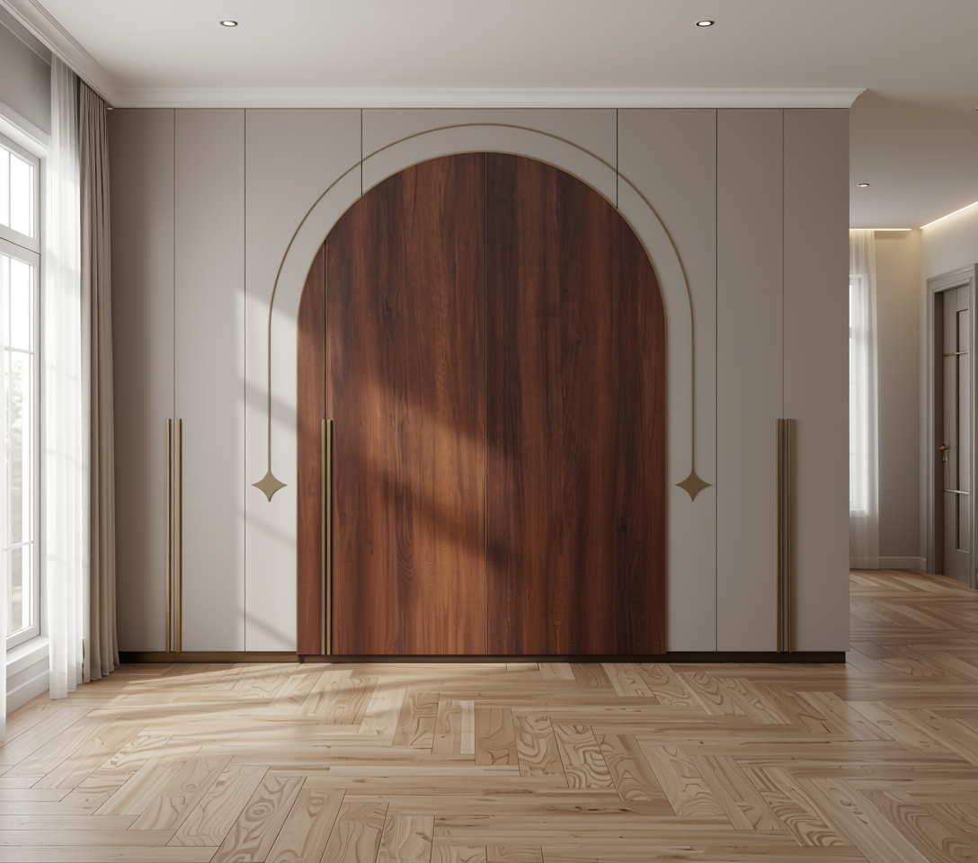 Brown wood laminate with textured finish and vertical grain direction.