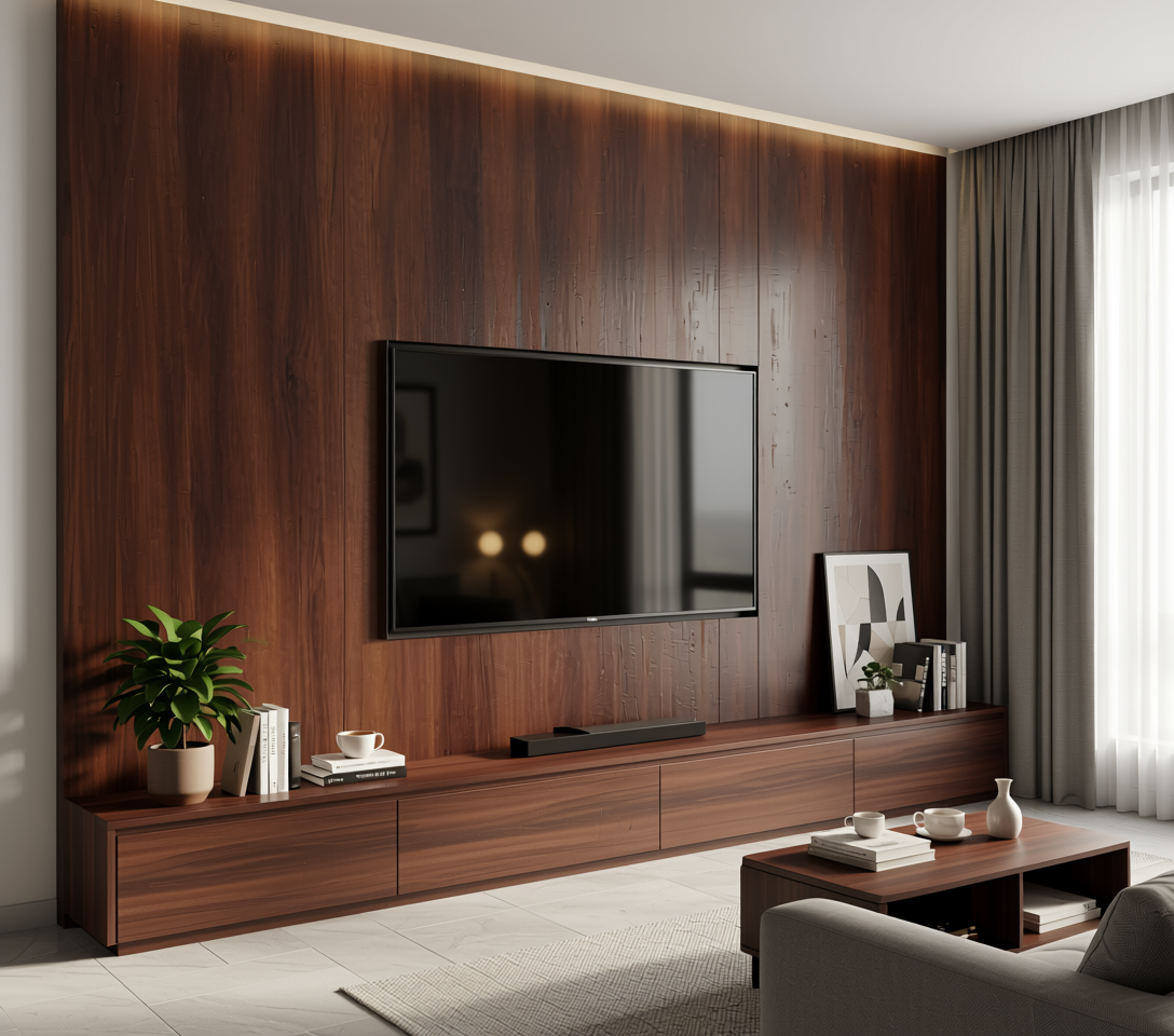 Brown wood laminate with textured finish and vertical grain direction.