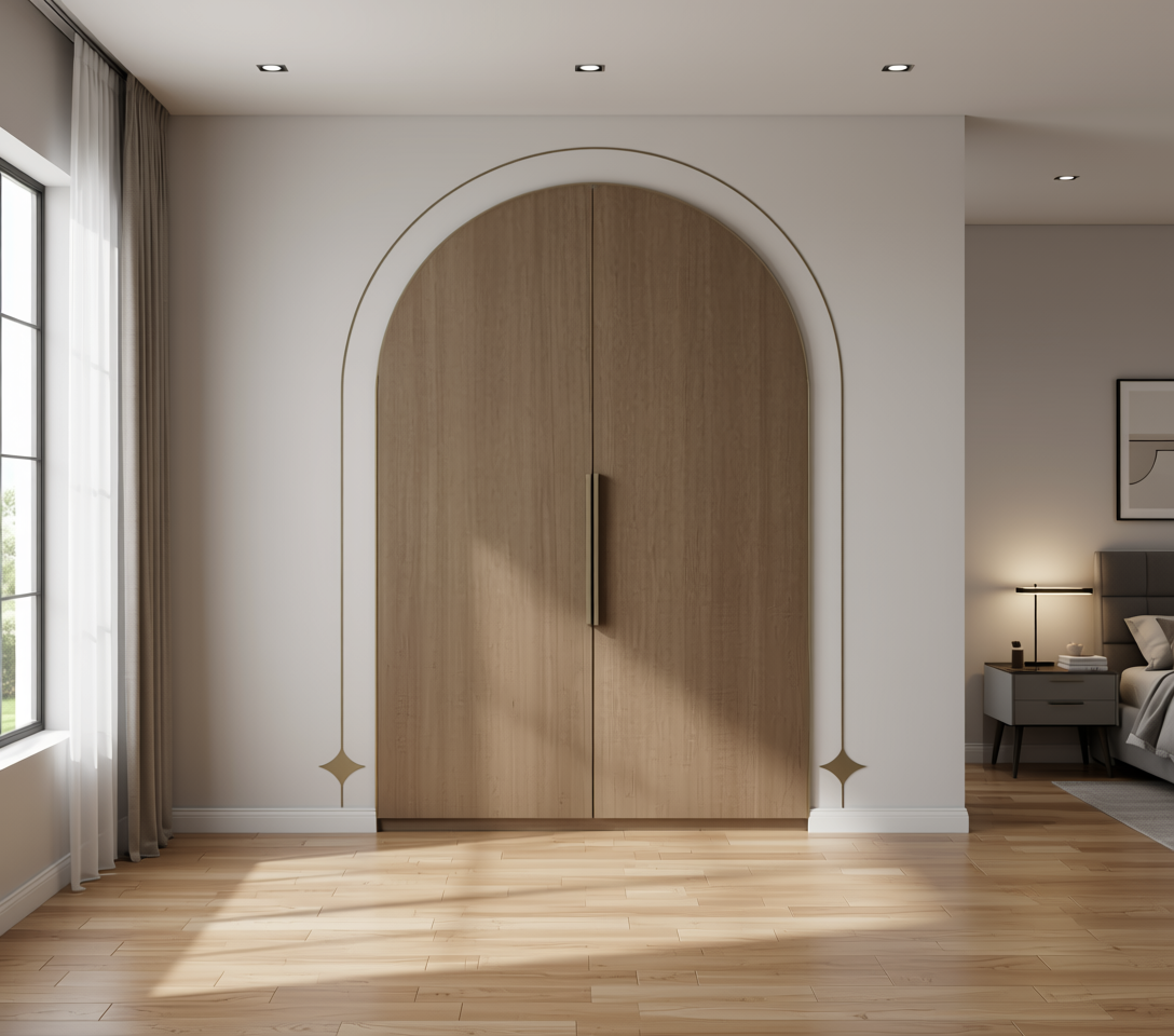 Brown laminate with wood grain texture and arched design on white background.
