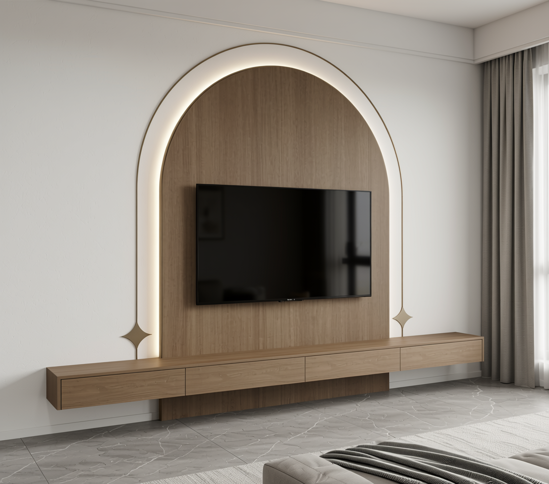 Brown laminate with wood grain texture and arched design on white background.