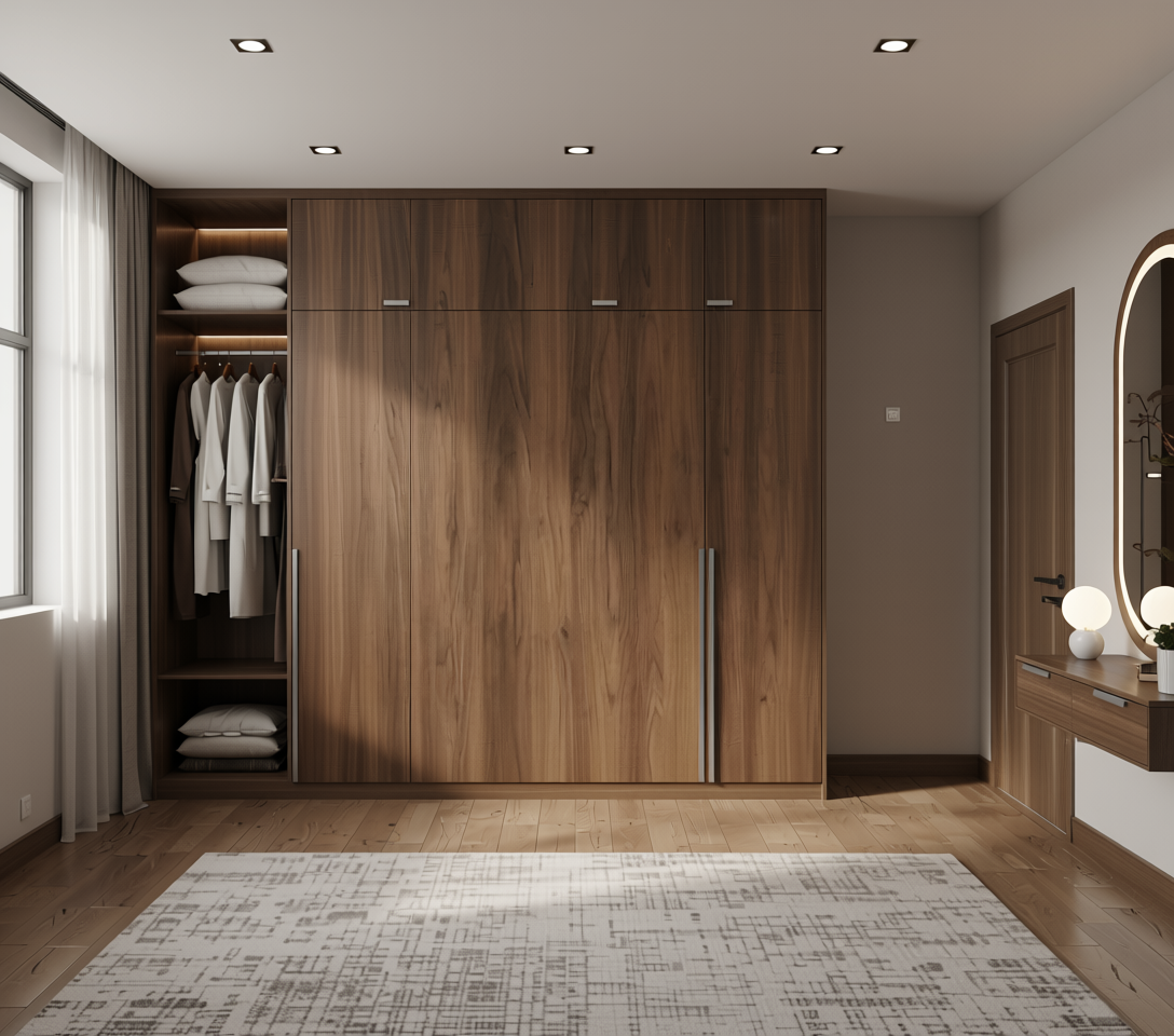 Brown laminate with wood grain texture and vertical grain direction.