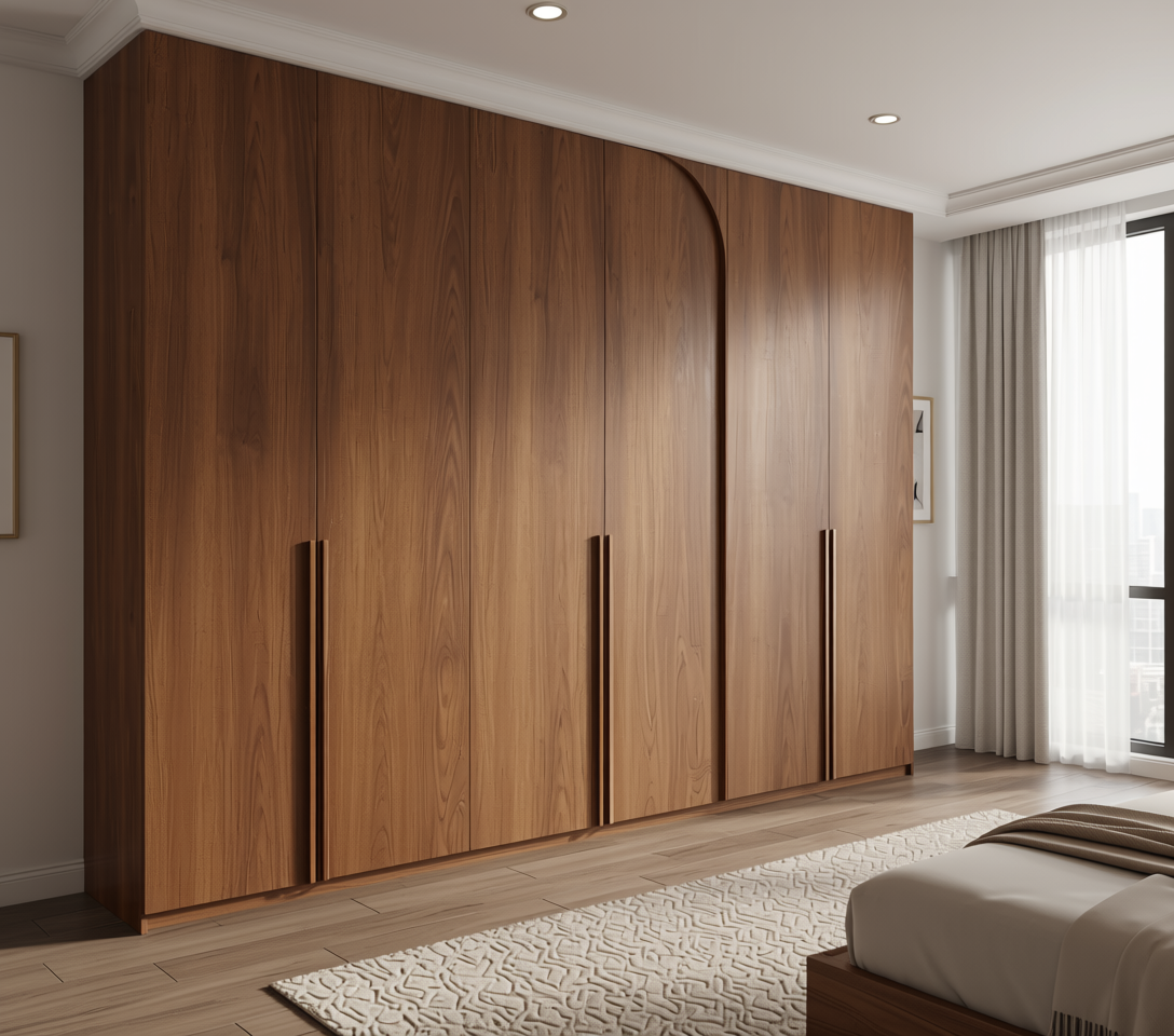 Brown wood laminate with textured finish and vertical grain direction.