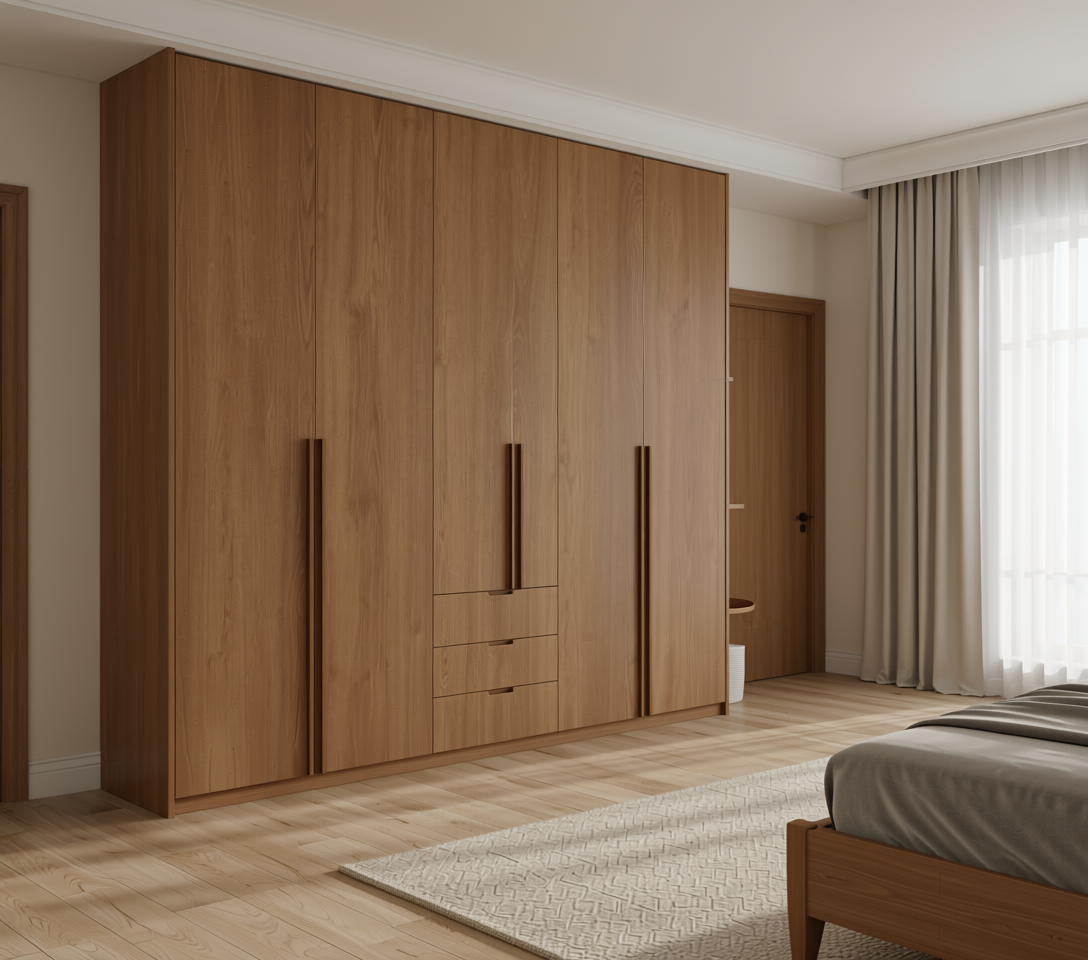 Brown wood laminate with textured finish and vertical grain direction.