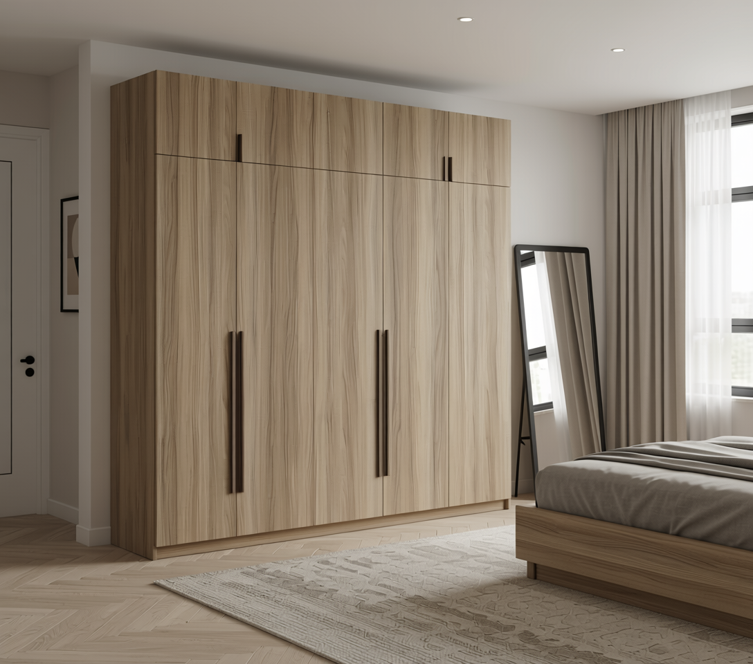 Beige wood grain laminate with textured finish and vertical grain direction.