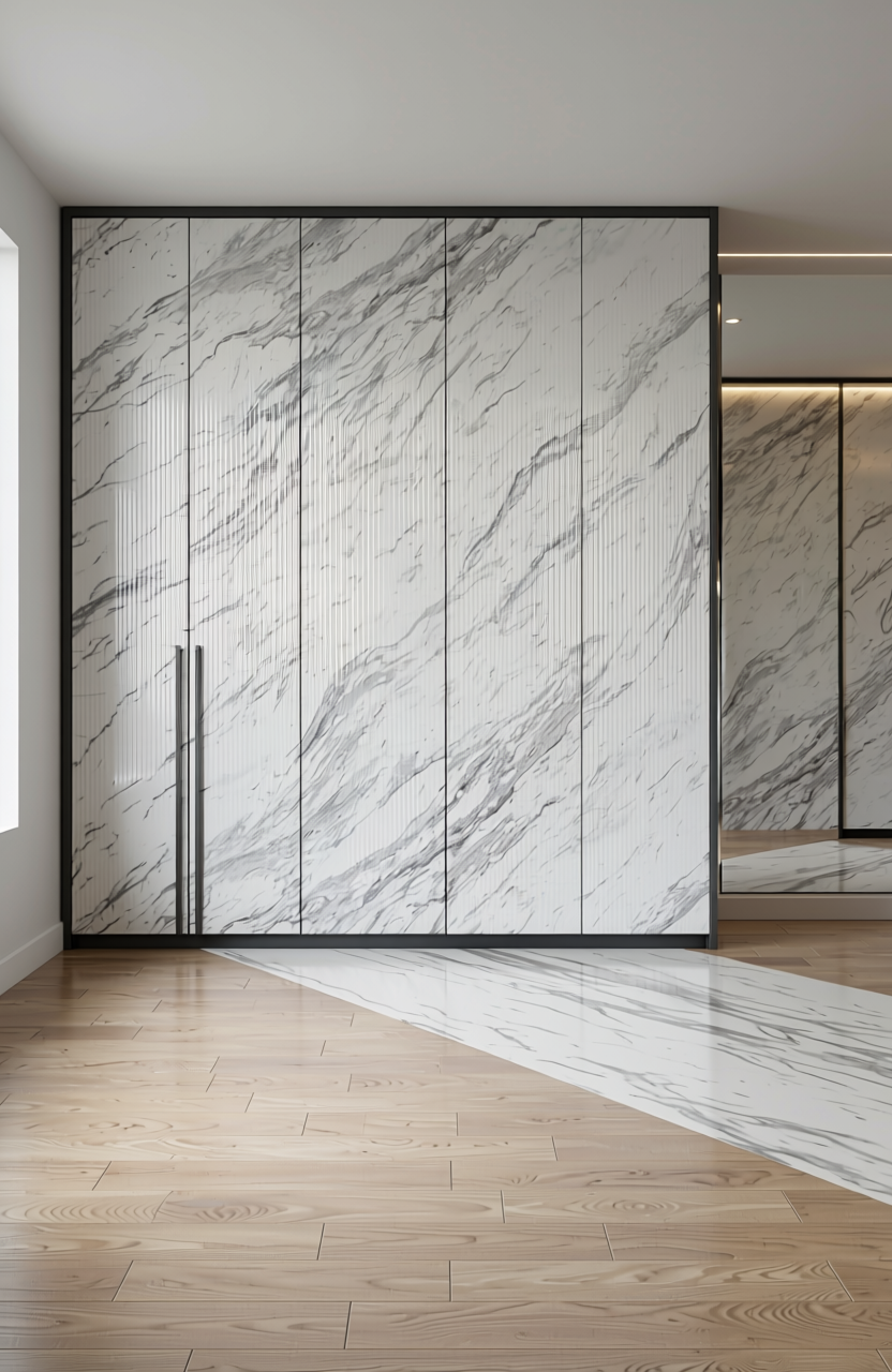White marble laminate with diagonal gray veining and glossy finish.