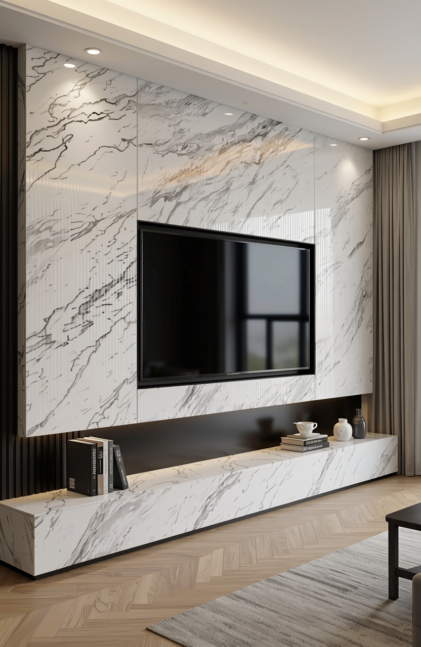 White marble laminate with diagonal gray veining and glossy finish.