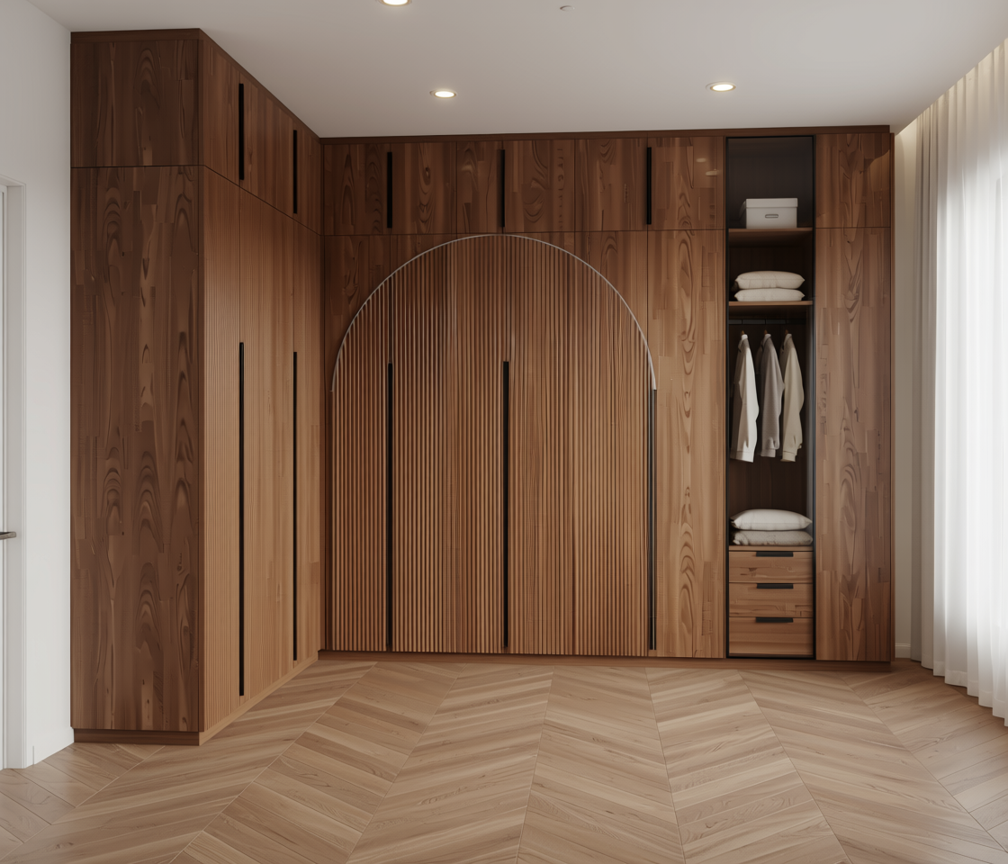 Brown laminate with vertical fluted texture and rounded edge on white background.