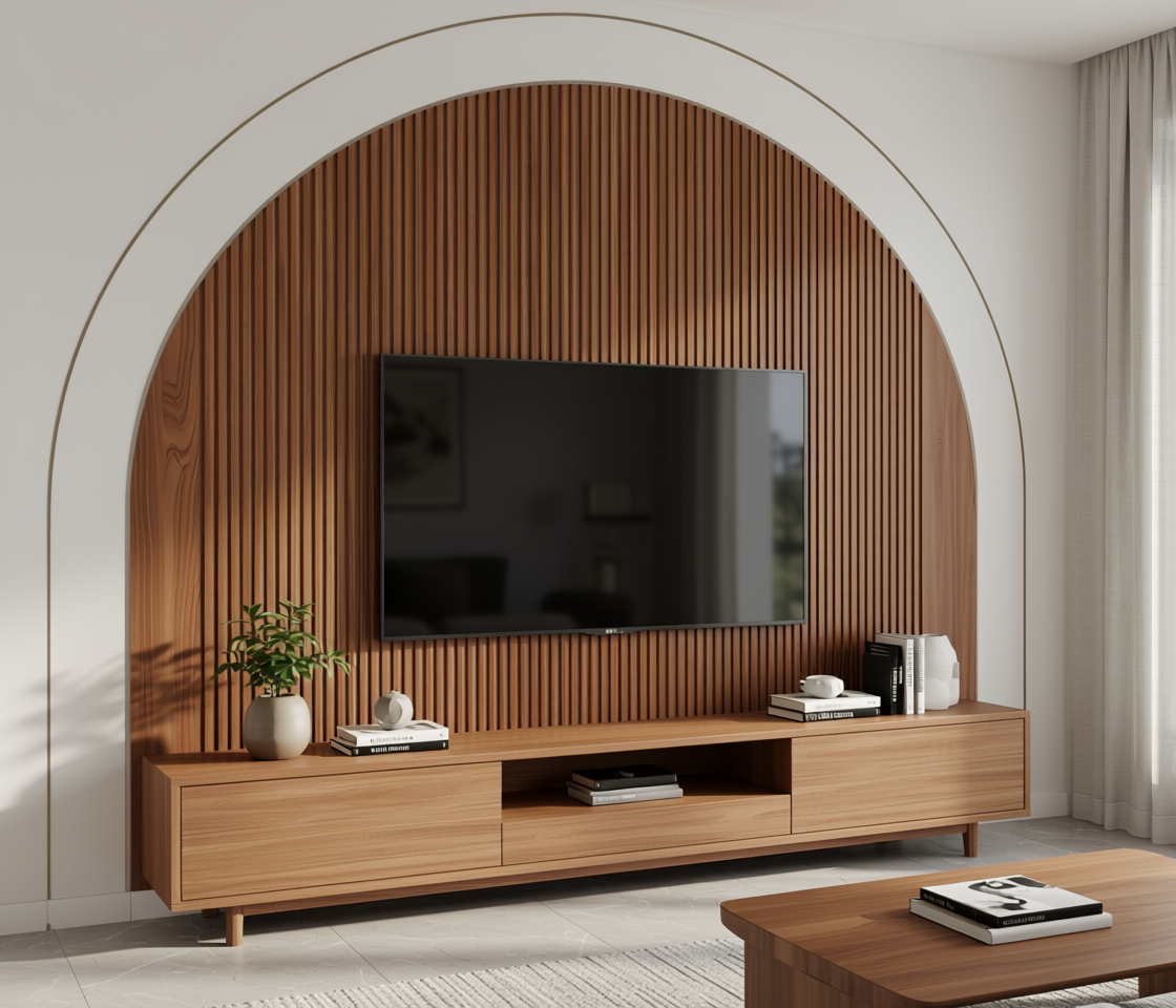 Brown laminate with vertical fluted texture and rounded edge on white background.