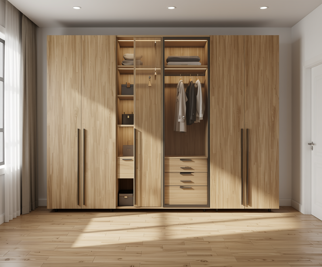 Brown laminate with textured wood grain pattern and vertical grain direction.