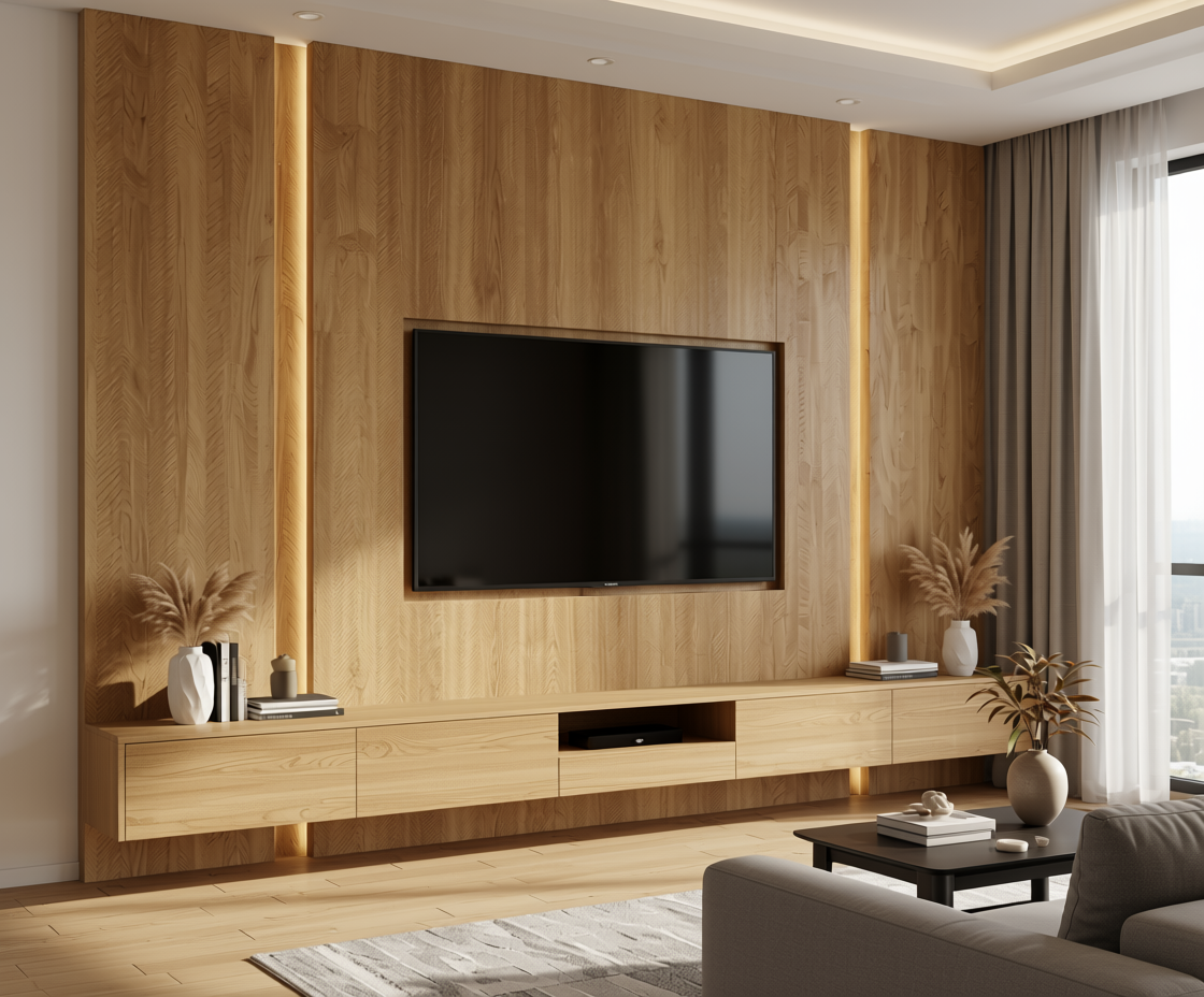 Brown laminate with textured wood grain pattern and vertical grain direction.