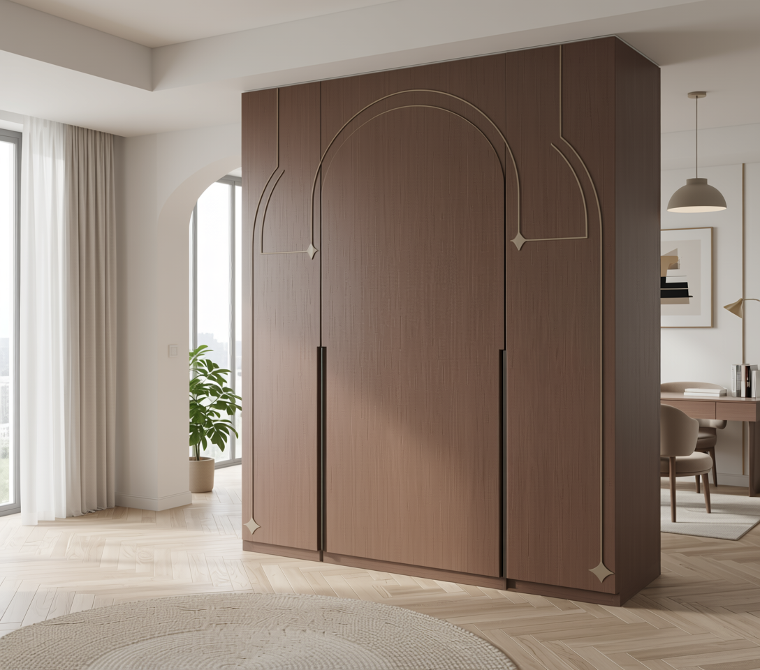 Brown wood laminate with vertical grain texture and arched design on white background.