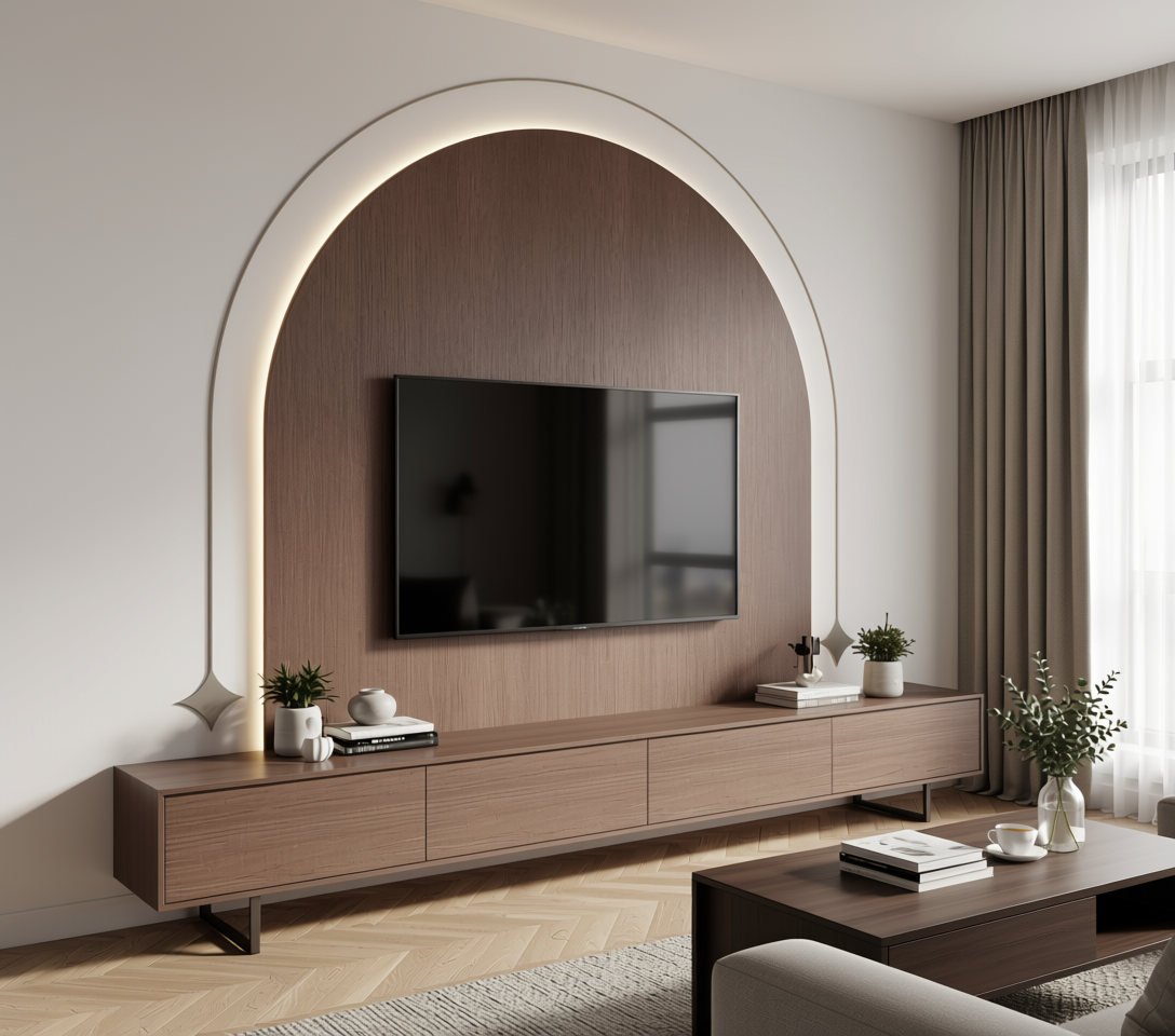Brown wood laminate with vertical grain texture and arched design on white background.