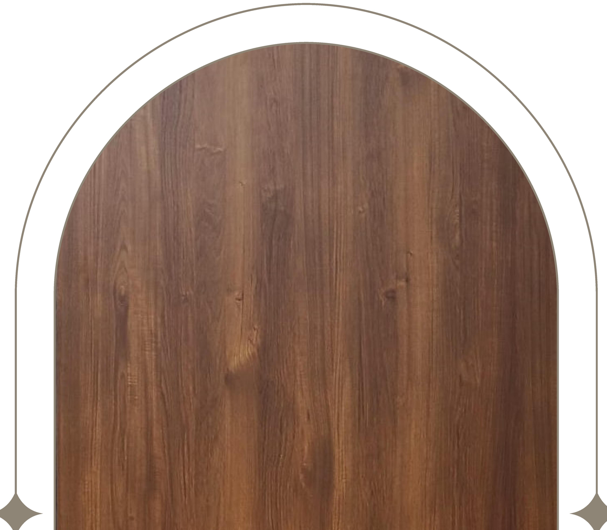 Brown laminate with wood grain texture and vertical grain direction, arched design.
