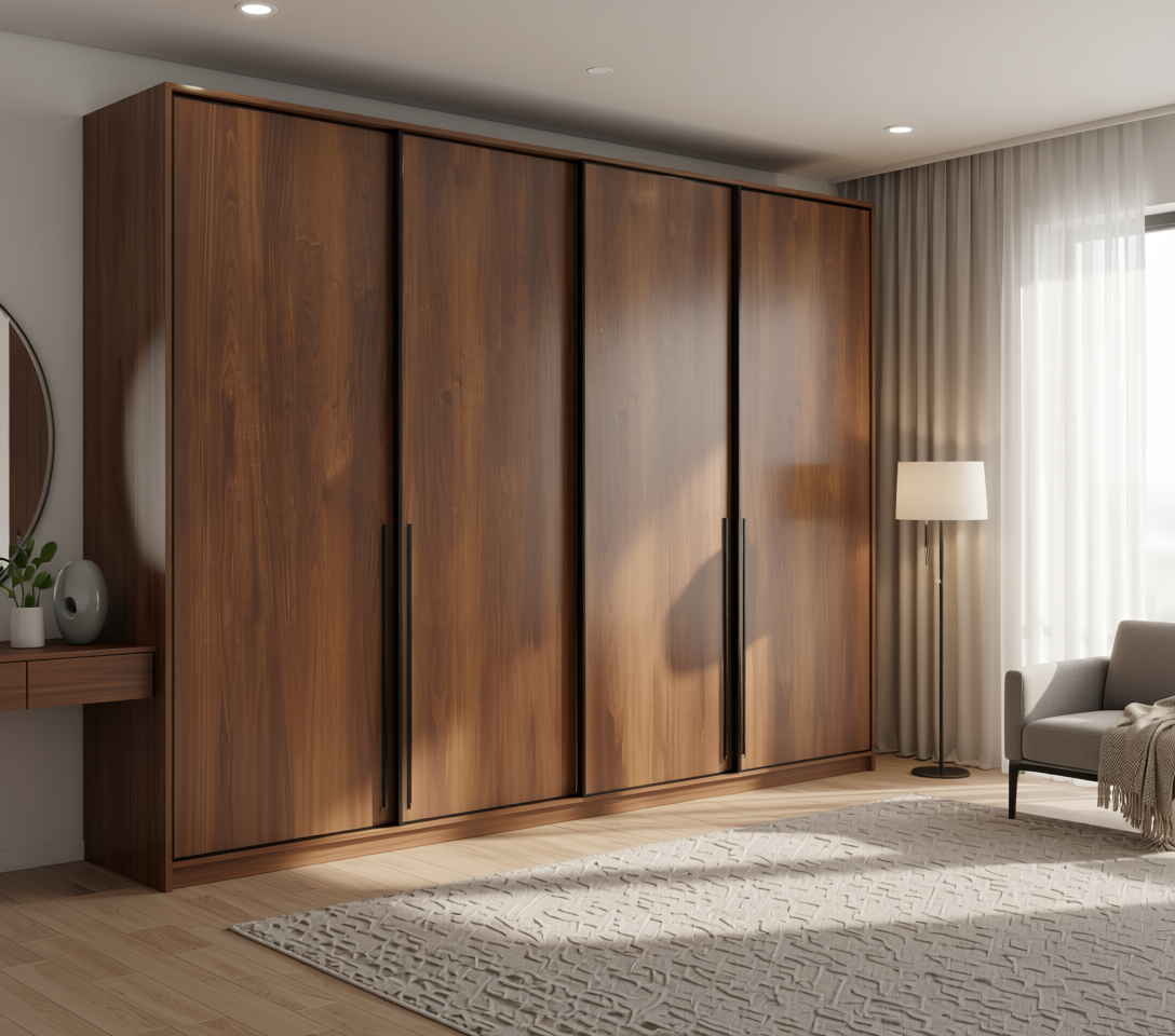 Brown laminate with wood grain texture and vertical grain direction, arched design.