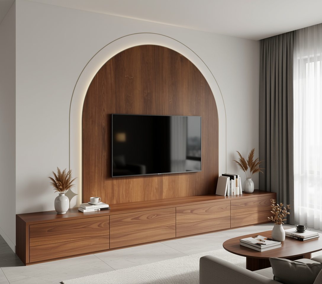 Brown laminate with wood grain texture and vertical grain direction, arched design.
