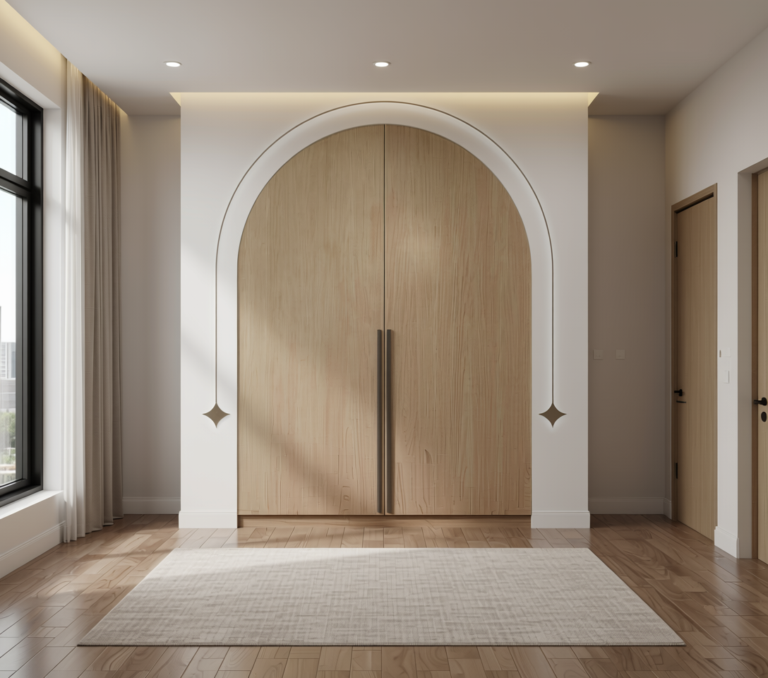 Brown wood grain laminate with textured finish and vertical grain direction.
